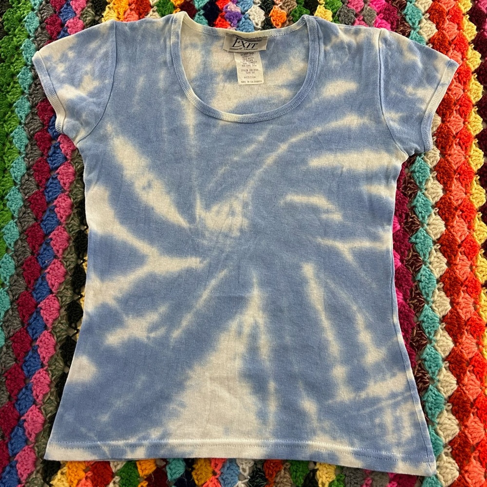 Vintage 90s Y2K Cloud Tie Dye California Made Fitted Baby Scoop Neck Pas… - Picture 8 of 12